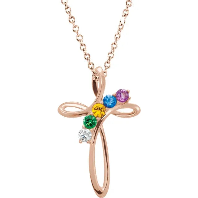 14K Rose Gold Family Birthstone Cross Necklace