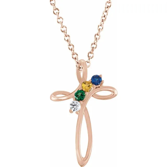 14K Rose Gold Family Birthstone Cross Necklace