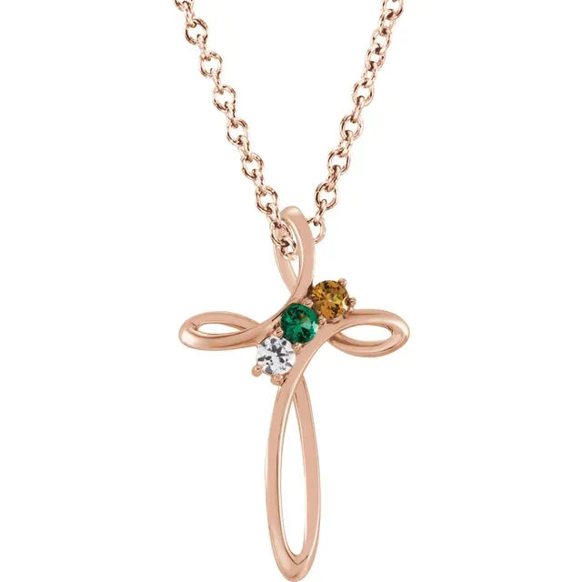 14K Rose Gold Family Birthstone Cross Necklace
