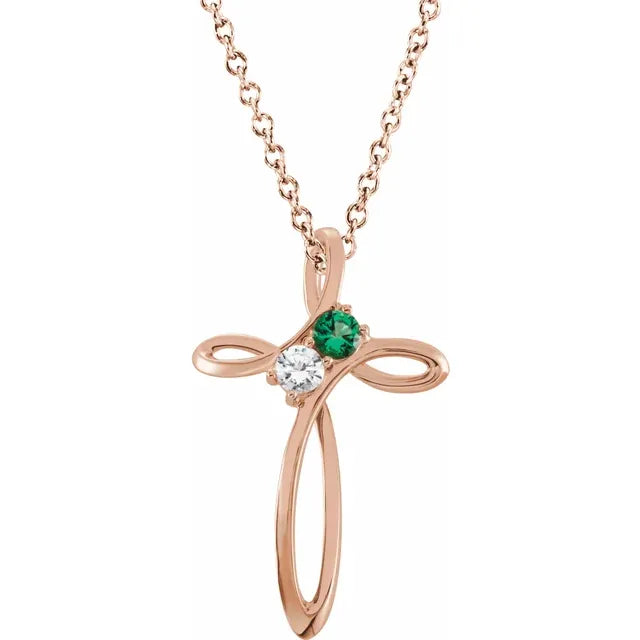 14K Rose Gold Family Birthstone Cross Necklace