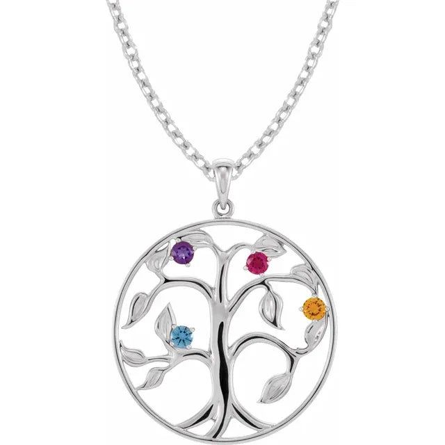 14K White Gold Family Tree Birthstone Necklace
