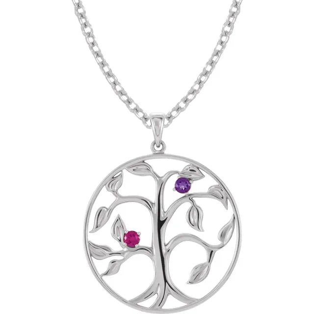 14K White Gold Family Tree Birthstone Necklace