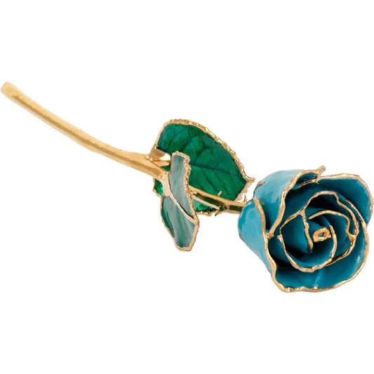 March Aquamarine Colored Lacquered Birthstone Rose with Gold Trim