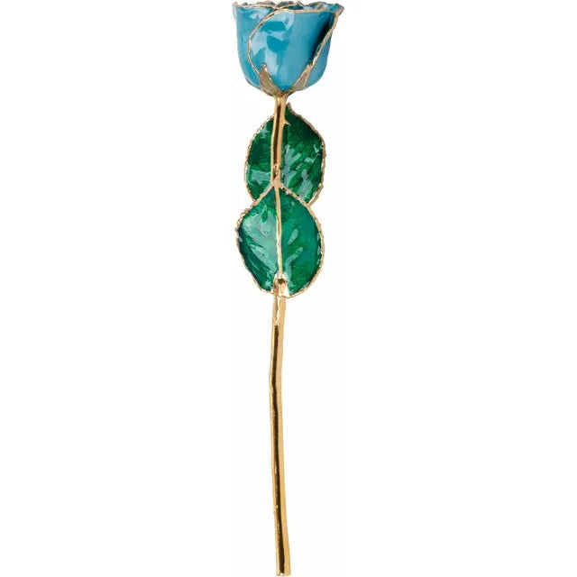 March Aquamarine Colored Lacquered Birthstone Rose with Gold Trim