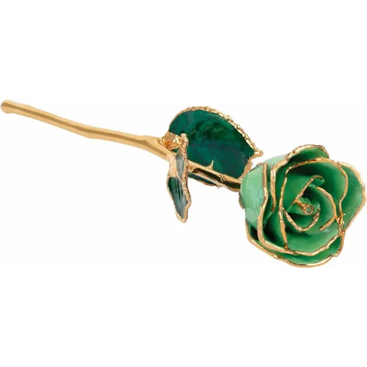 August Peridot Colored Lacquered Birthstone Rose with Gold Trim