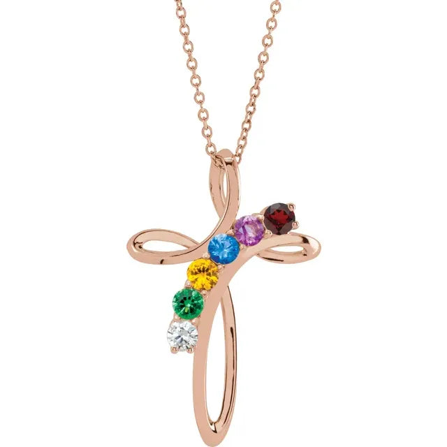14K Rose Gold Family Birthstone Cross Necklace