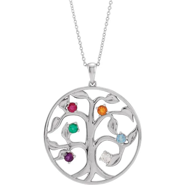 14K White Gold Family Tree Birthstone Necklace