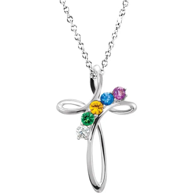 14K White Gold Family Birthstone Cross Necklace