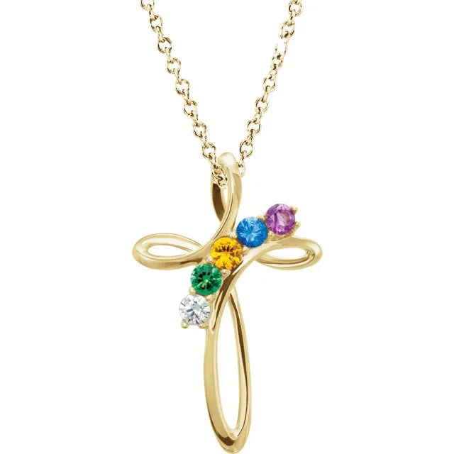 14K Yellow Gold Family Birthstone Cross Necklace