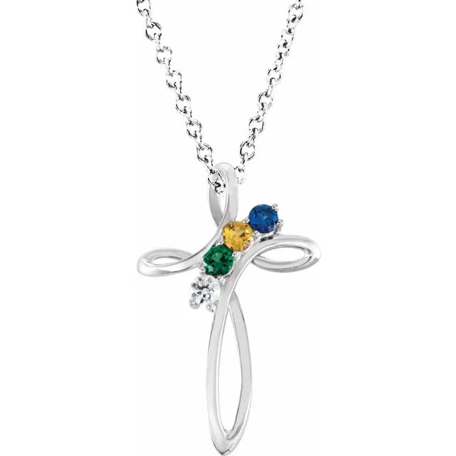 14K White Gold Family Birthstone Cross Necklace