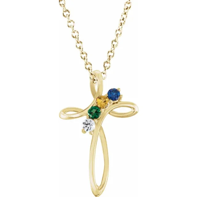 14K Yellow Gold Family Birthstone Cross Necklace
