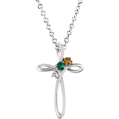 14K White Gold Family Birthstone Cross Necklace
