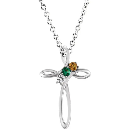 14K White Gold Family Birthstone Cross Necklace