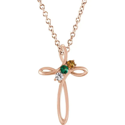 14K Rose Gold Family Birthstone Cross Necklace