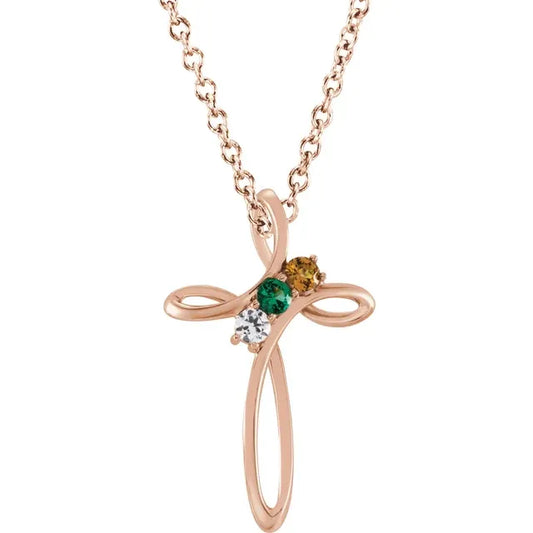 14K Rose Gold Family Birthstone Cross Necklace
