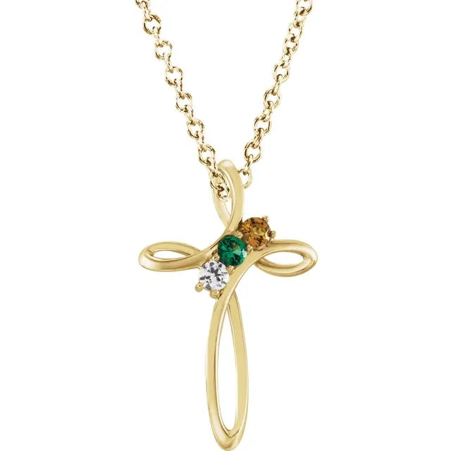 14K Yellow Gold Family Birthstone Cross Necklace