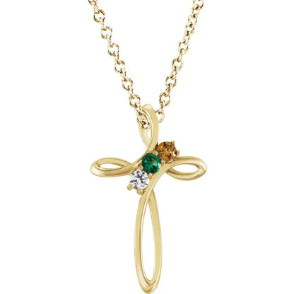 14K Yellow Gold Family Birthstone Cross Necklace