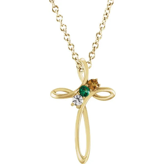 14K Yellow Gold Family Birthstone Cross Necklace