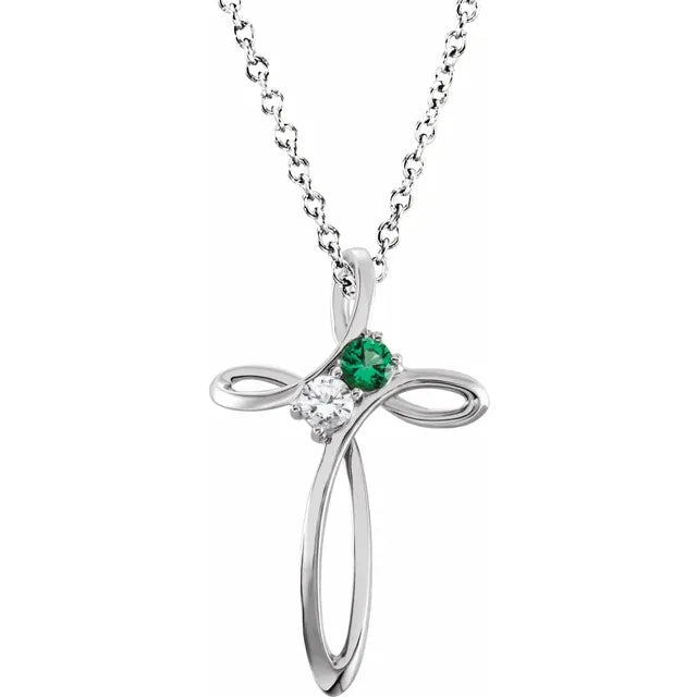 14K White Gold Family Birthstone Cross Necklace
