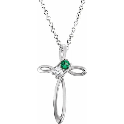 14K White Gold Family Birthstone Cross Necklace