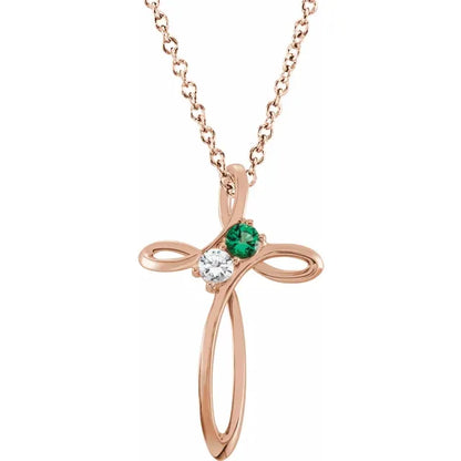 14K Rose Gold Family Birthstone Cross Necklace