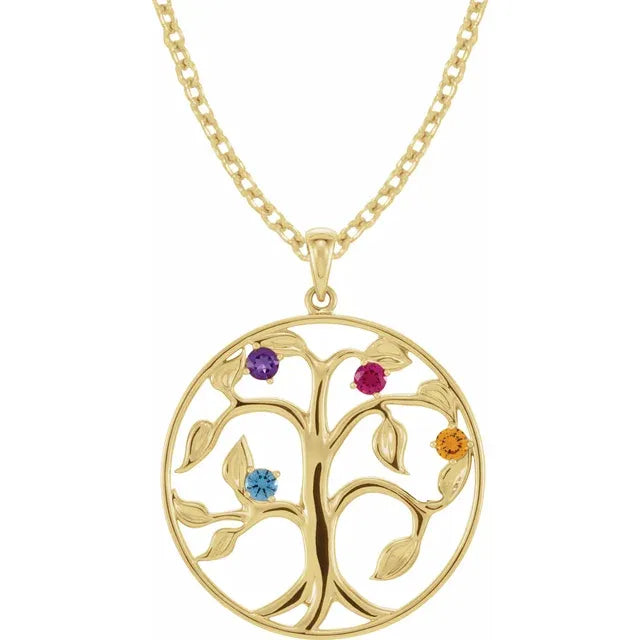 14K Yellow Gold Family Tree Birthstone Necklace