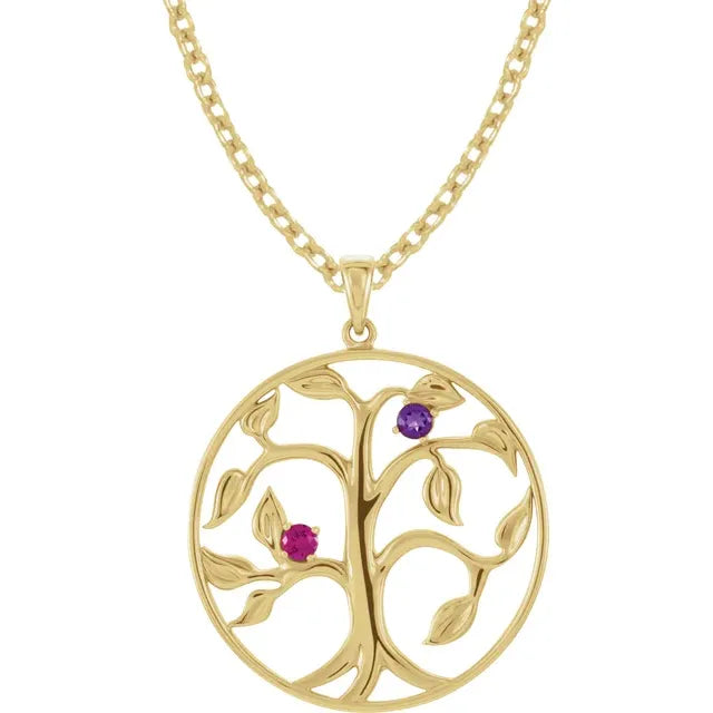 14K Yellow Gold Family Tree Birthstone Necklace