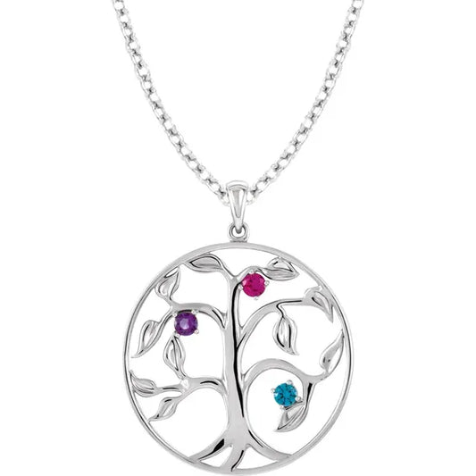 14K White Gold Family Tree Birthstone Necklace