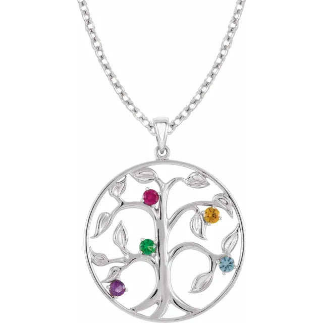 14K White Gold Family Tree Birthstone Necklace