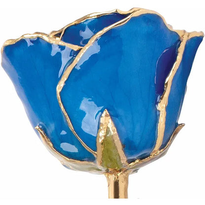 September Blue Sapphire Colored Lacquered Birthstone Rose with Gold Trim