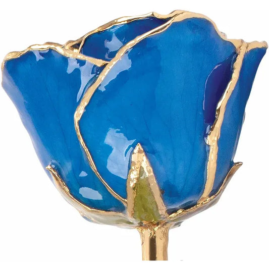 September Blue Sapphire Colored Lacquered Birthstone Rose with Gold Trim