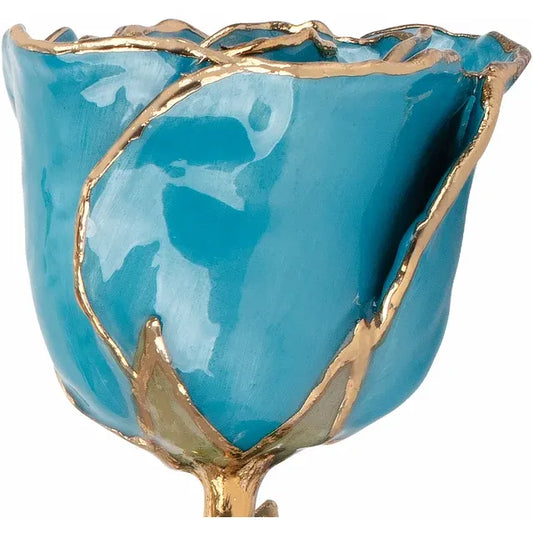 March Aquamarine Colored Lacquered Birthstone Rose with Gold Trim