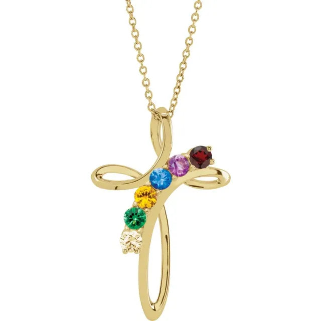 14K Yellow Gold Family Birthstone Cross Necklace