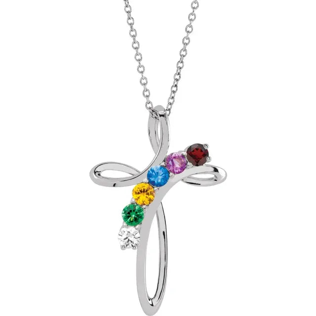 14K White Gold Family Birthstone Cross Necklace