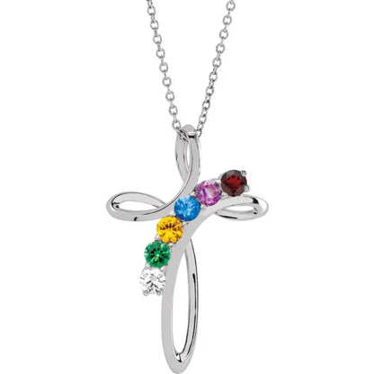 14K White Gold Family Birthstone Cross Necklace