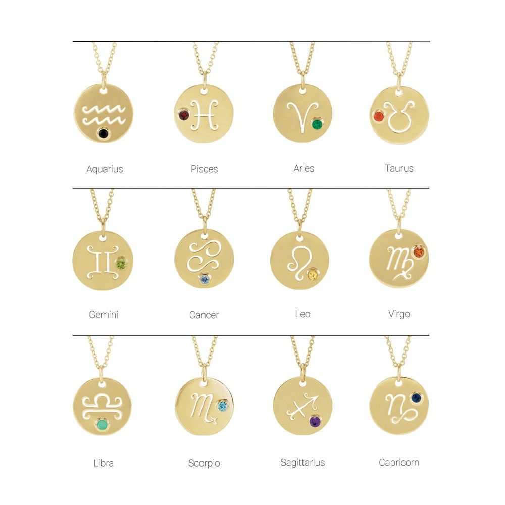 14K Yellow Gold Zodiac Disc 16-18" Necklace With Stone