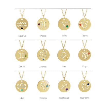 14K Yellow Gold Zodiac Disc 16-18" Necklace With Stone