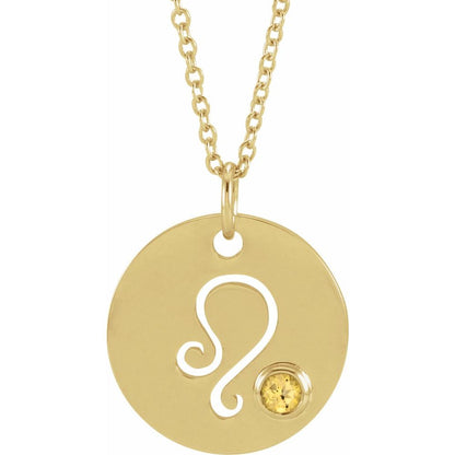 14K Yellow Gold Zodiac Disc 16-18" Necklace With Stone