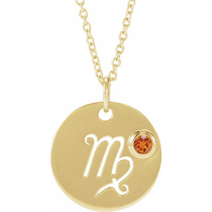 14K Yellow Gold Zodiac Disc 16-18" Necklace With Stone