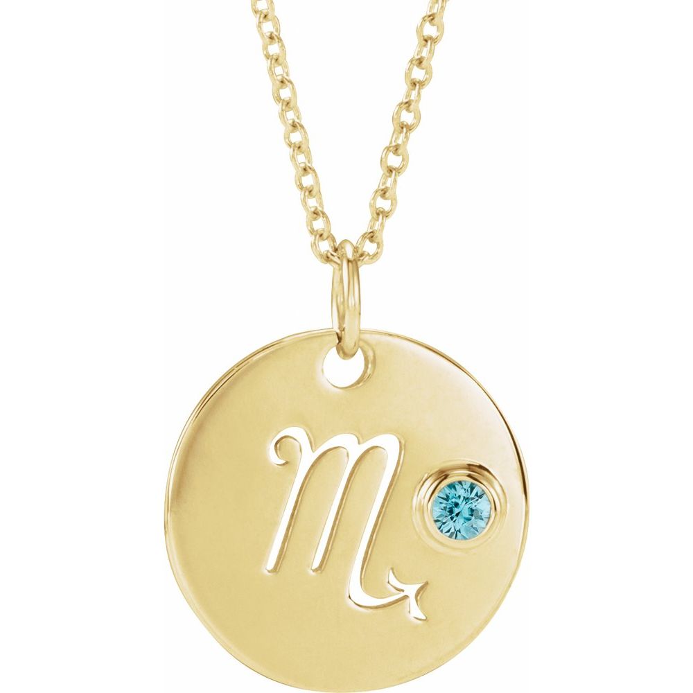 14K Yellow Gold Zodiac Disc 16-18" Necklace With Stone