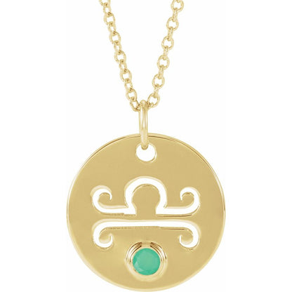 14K Yellow Gold Zodiac Disc 16-18" Necklace With Stone