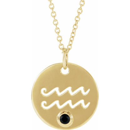 14K Yellow Gold Zodiac Disc 16-18" Necklace With Stone