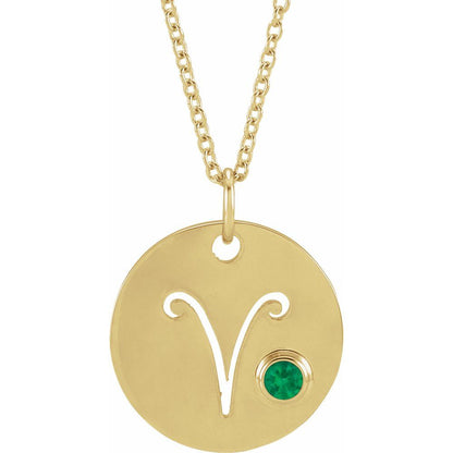 14K Yellow Gold Zodiac Disc 16-18" Necklace With Stone