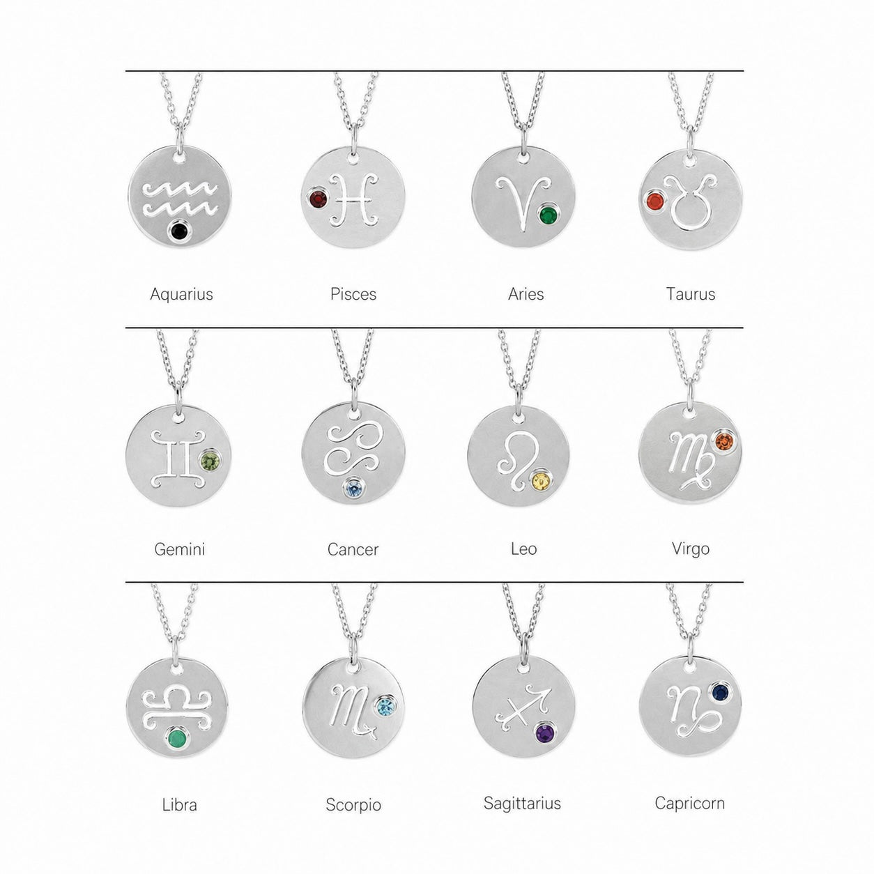 Sterling SIlver Zodiac Disc 16-18" Necklace With Stone